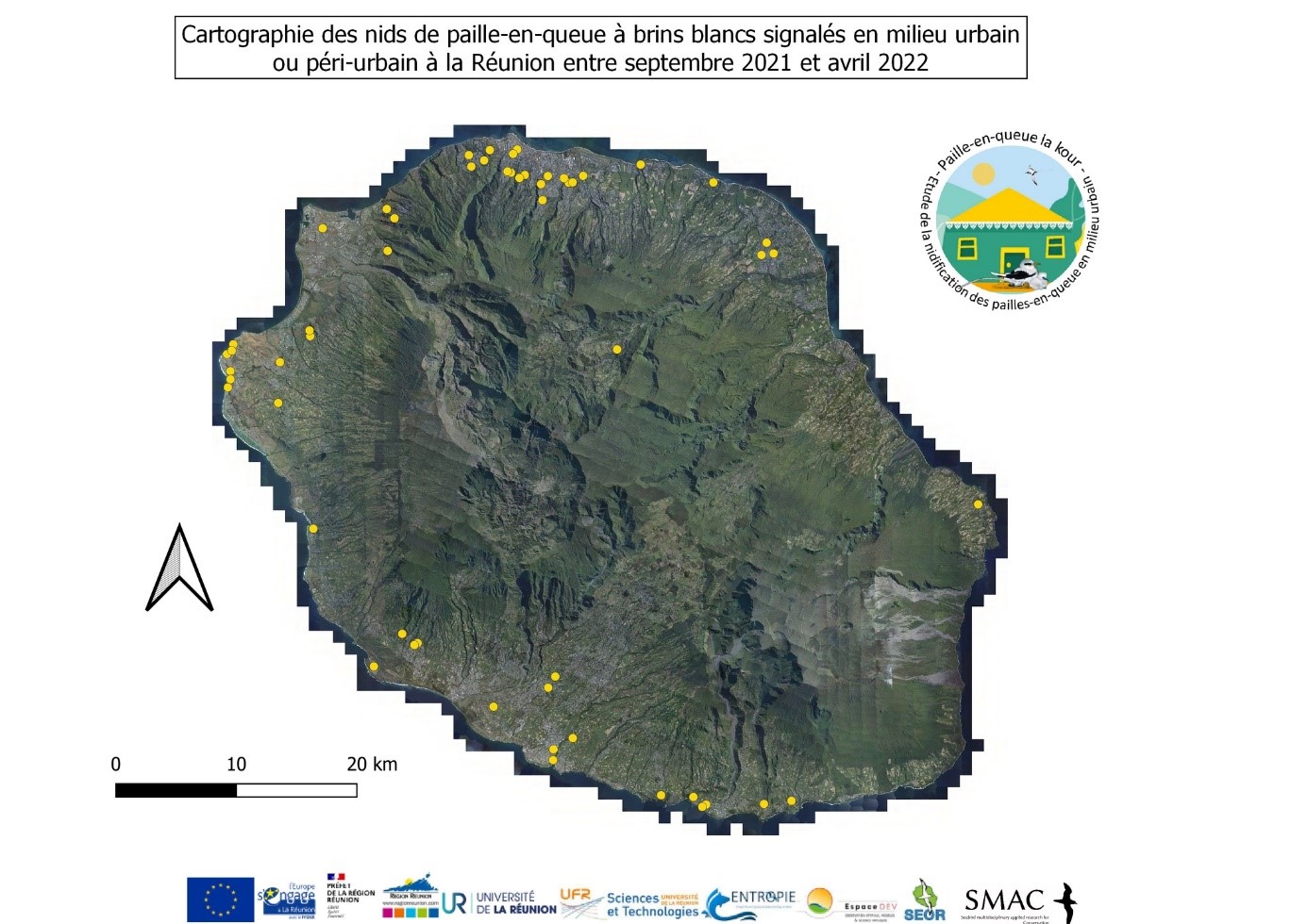 Cartographie des nids de phaéton à brins blancs recensés grâce au projet « Paille-en-queue la Kour » ©Projet FEDER SMAC