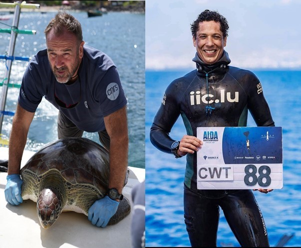 Dr Damien Chevallier (CNRS) Directeur du programme de recherche sur les tortues marines en Martinique, Sidney Régis, responsable coordination et sécurité de l’équipe apnéiste du programme