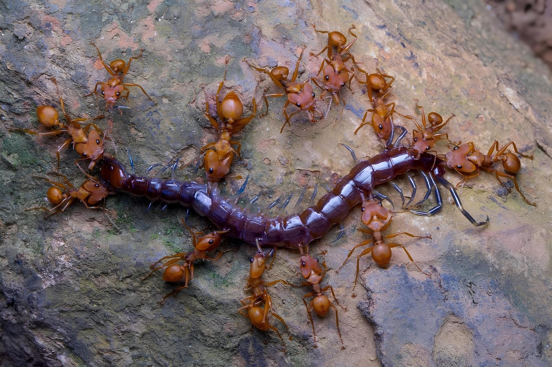 La fourmi à tête en cœur (*Daceton armigerum*) est une redoutable prédatrice d’invertébrés capable de capturer des proies de grande taille tel que ce scolopendre © Hadrien Lalagüe