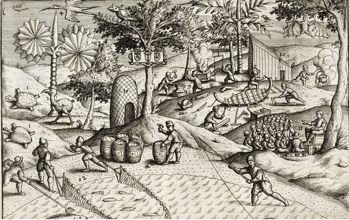 Découverte de l’île Maurice. Gravure sur cuivre hollandaise du voyage de 1598, publiée en 1601 © Mauritius illustrated, Macmillan